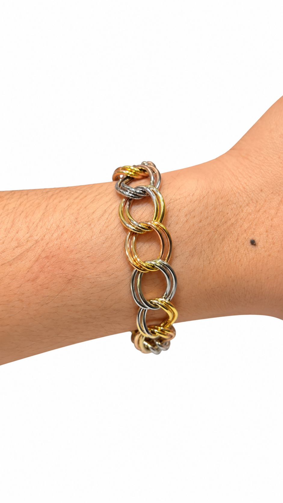Double Round Link Bracelet Tricolor - Size 8 to Size 8.75 (Adjustable)