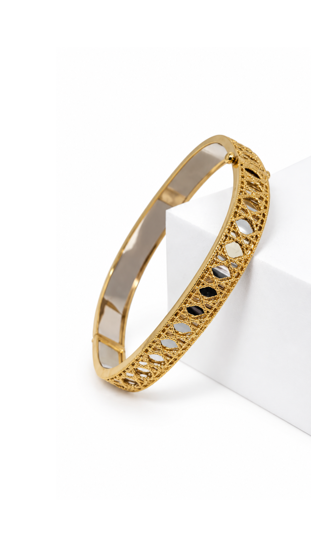 Gold Mesh Bangle With White Gold Base Rectangle - Size 17