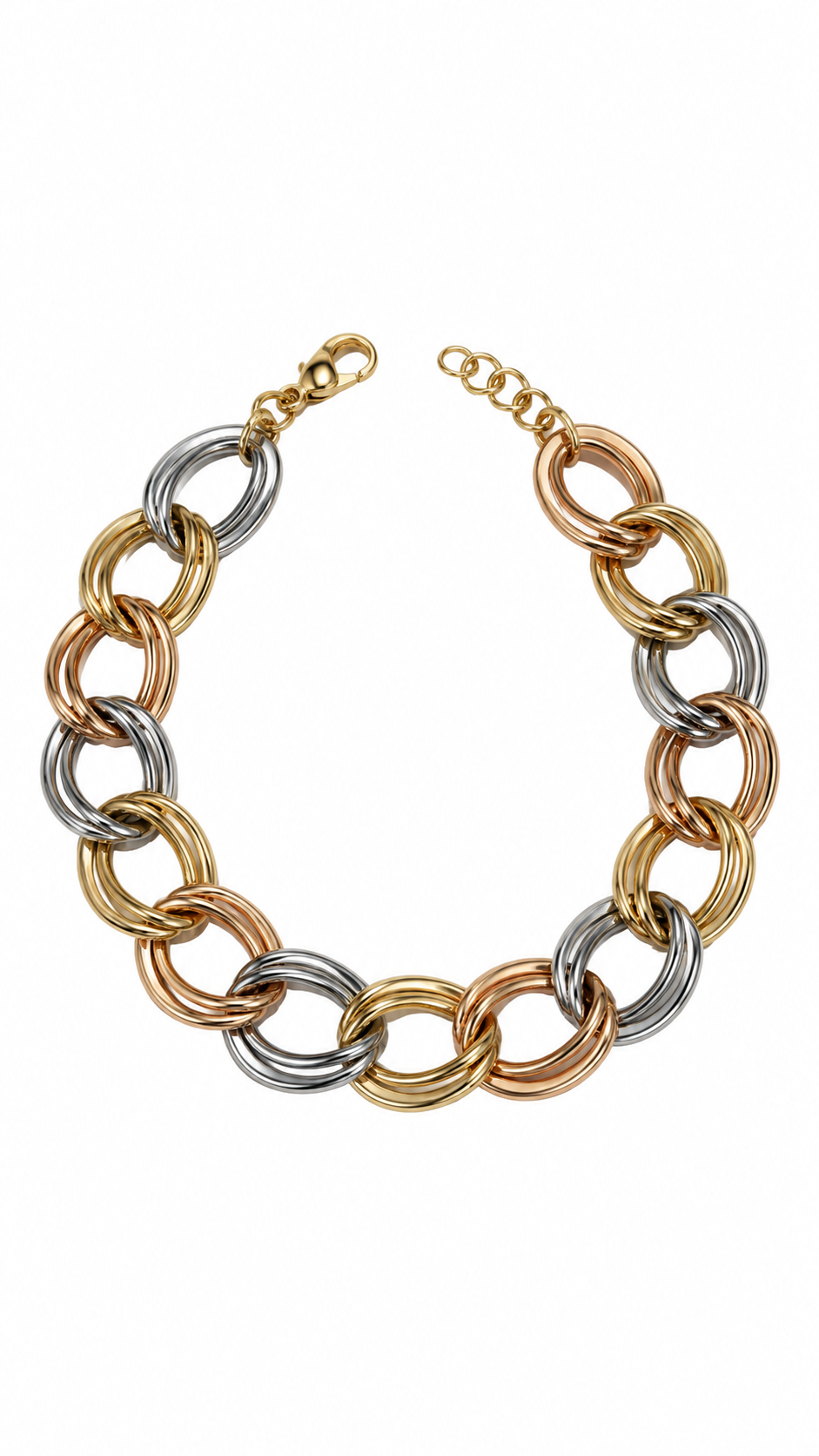 Double Round Link Bracelet Tricolor - Size 8 to Size 8.75 (Adjustable)