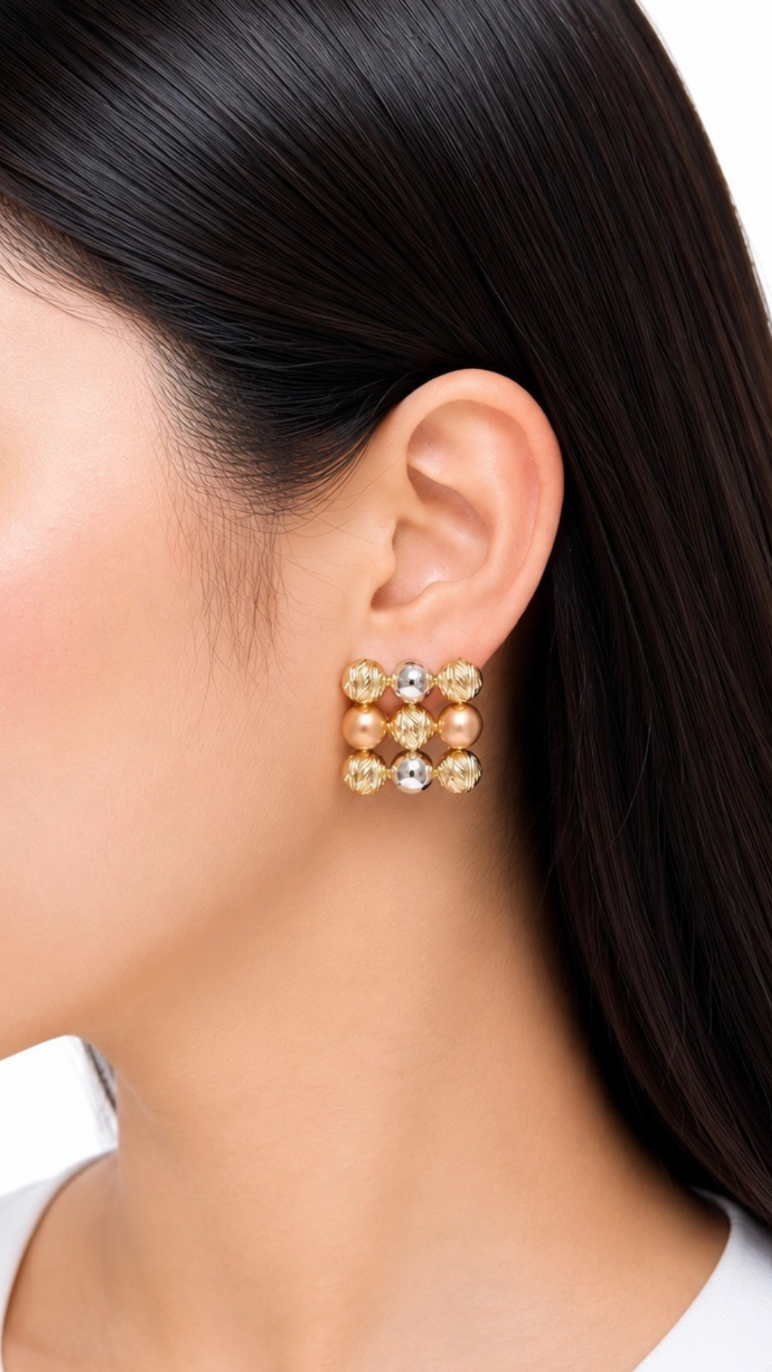 Beads Square Cluster Clip-Type Earrings Tri Color
