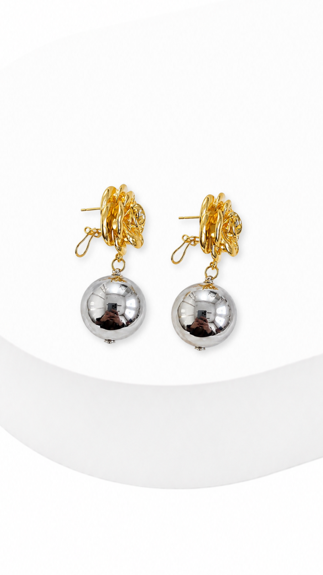 Flower Ball Electroform Dangling Earrings Two-Tone