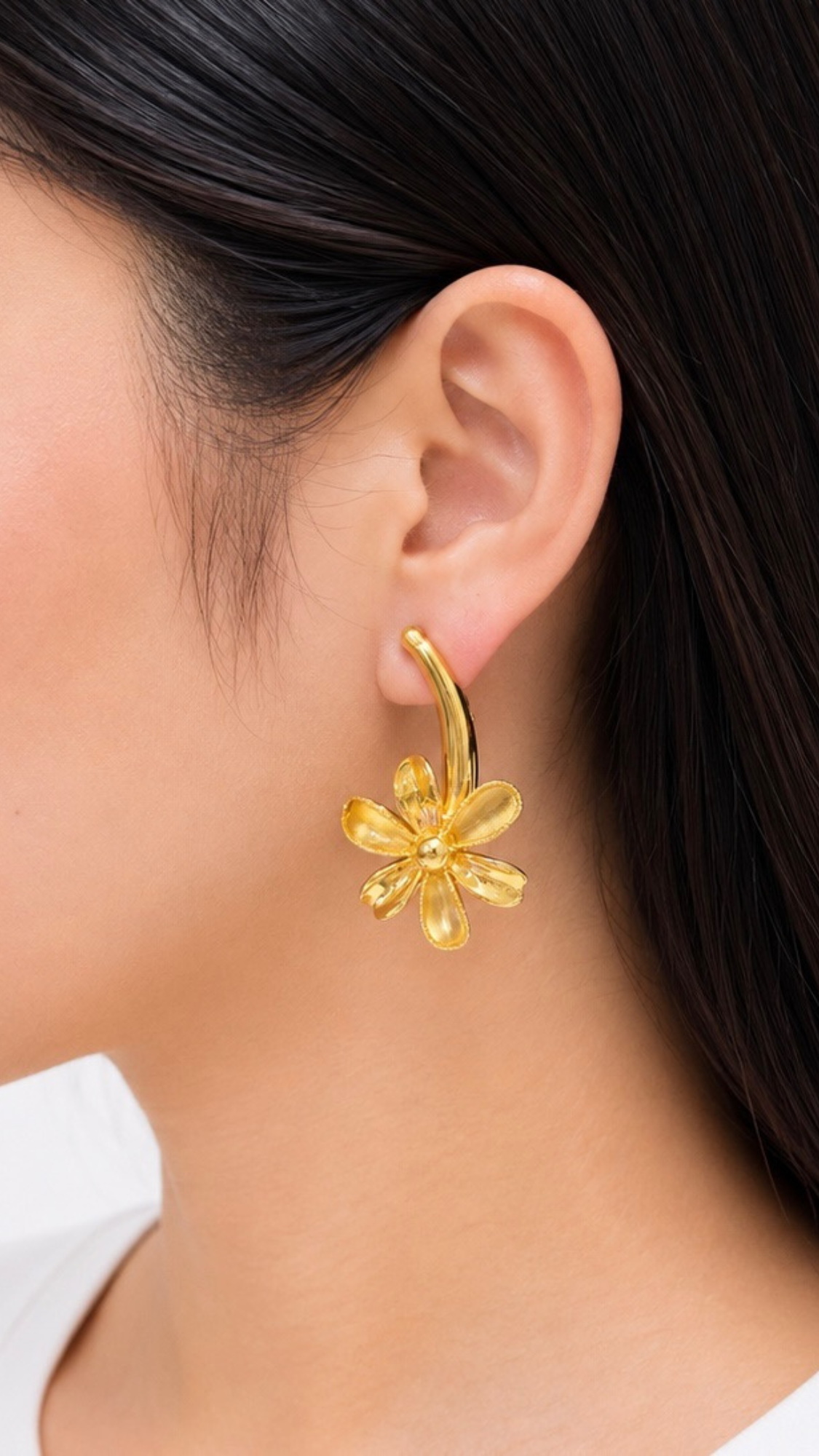 Flower Dangle Clip-Type Earrings Yellow Gold Glossy-Matte Finish