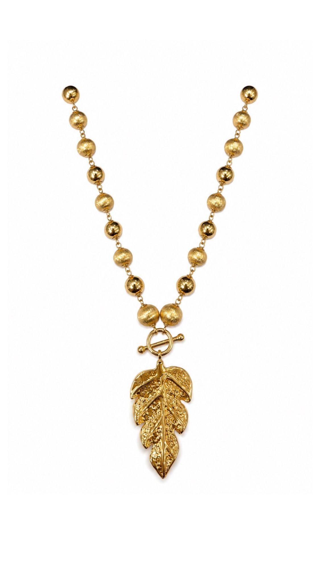 18k Gold Alternate Matte And Glossy Bubble Necklace With Matte Leaf Pendant S15-S16