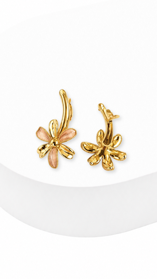 Flower Dangle Clip-Type Earrings Rose Gold And Yellow Gold