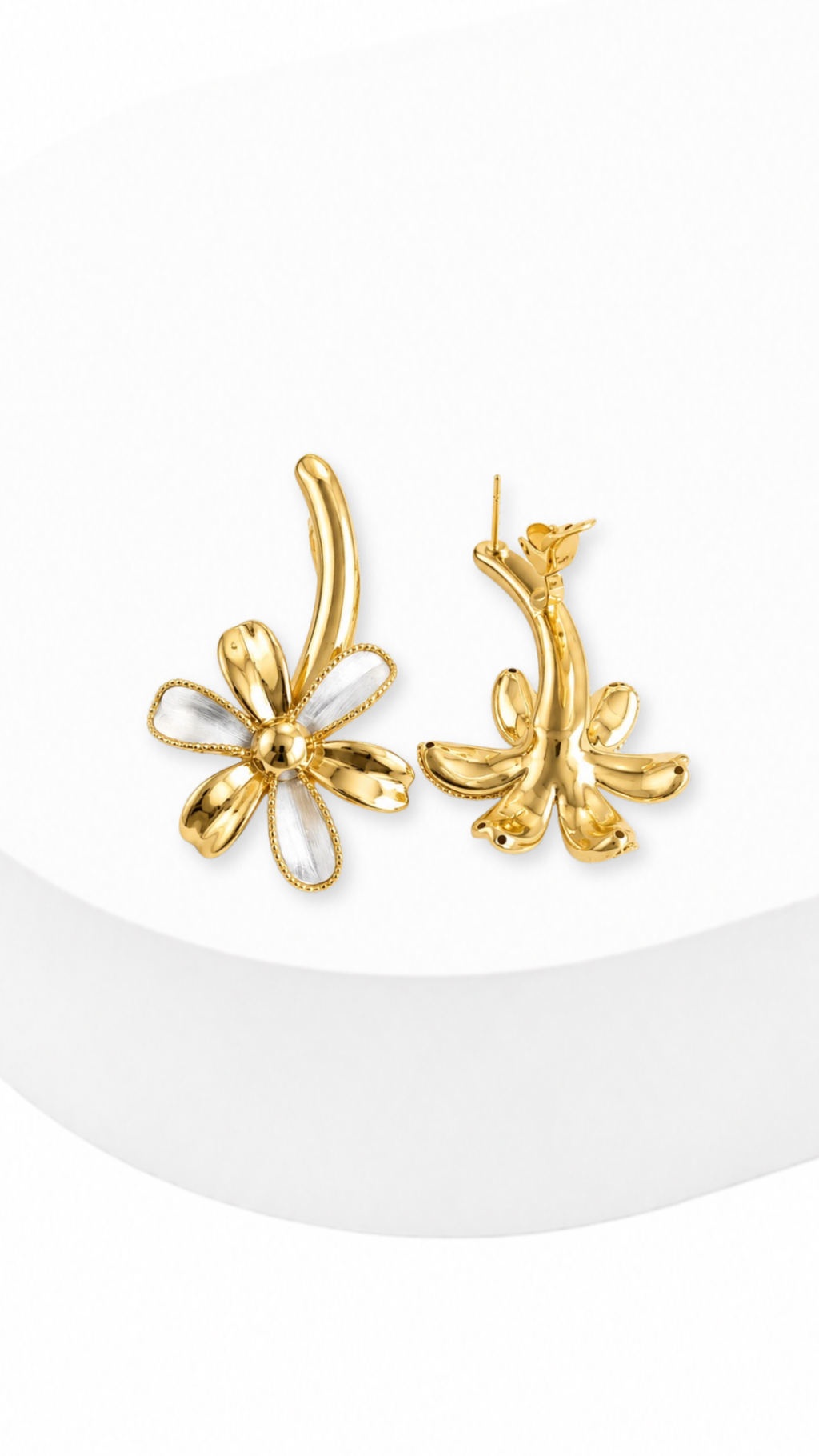 Flower Dangle Clip-Type Earrings White Gold and Yellow Gold