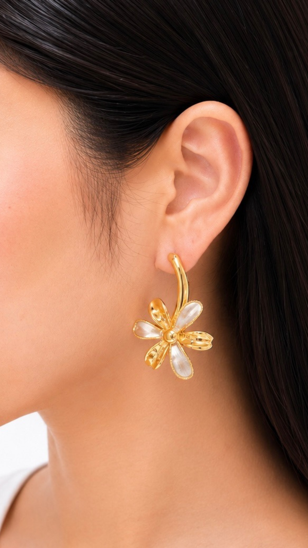 Flower Dangle Clip-Type Earrings White Gold and Yellow Gold