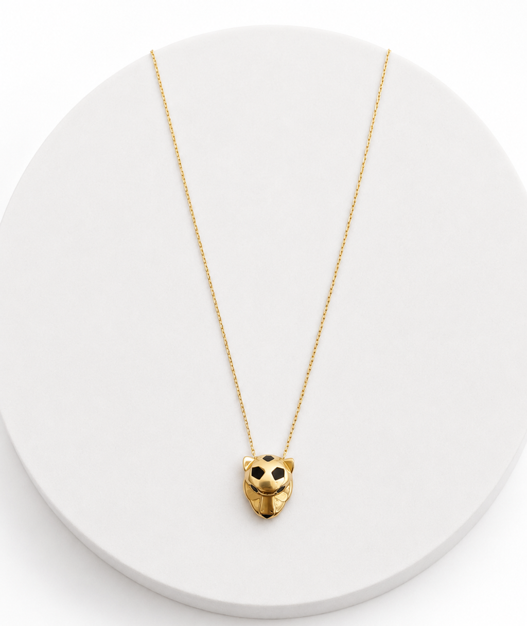 Panther Head With Black Enamel Design Necklace - Size 18