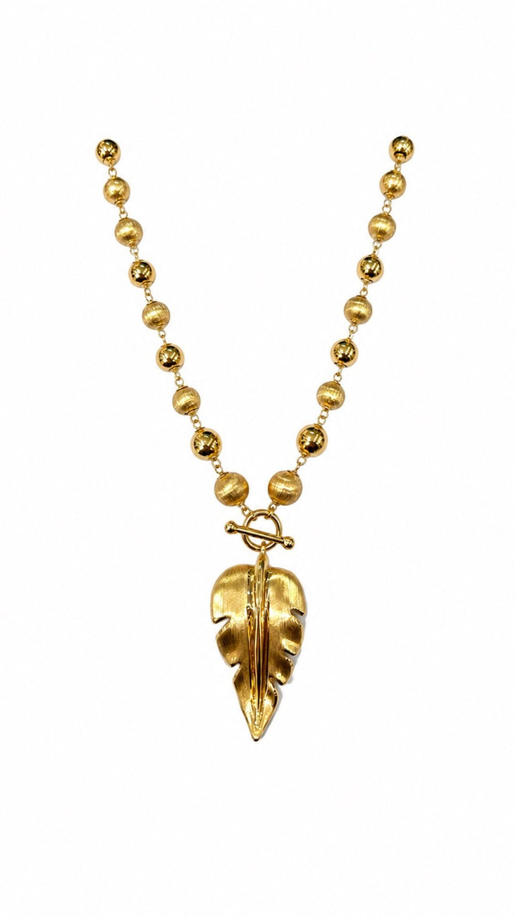18k Gold Alternate Matte And Glossy Bubble Necklace With Matte Leaf Pendant S15-S16