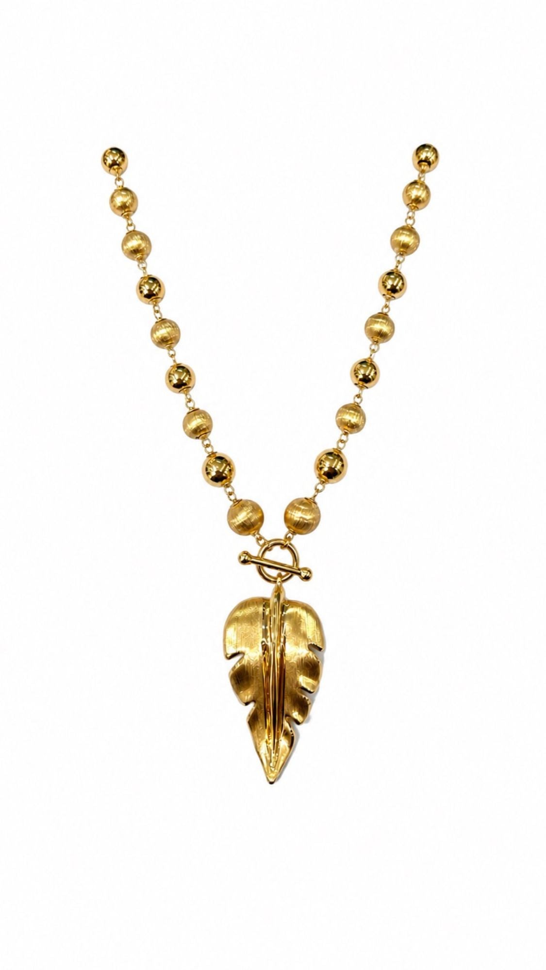 18k Gold Alternate Matte And Glossy Bubble Necklace With Matte Leaf Pendant S15-S16