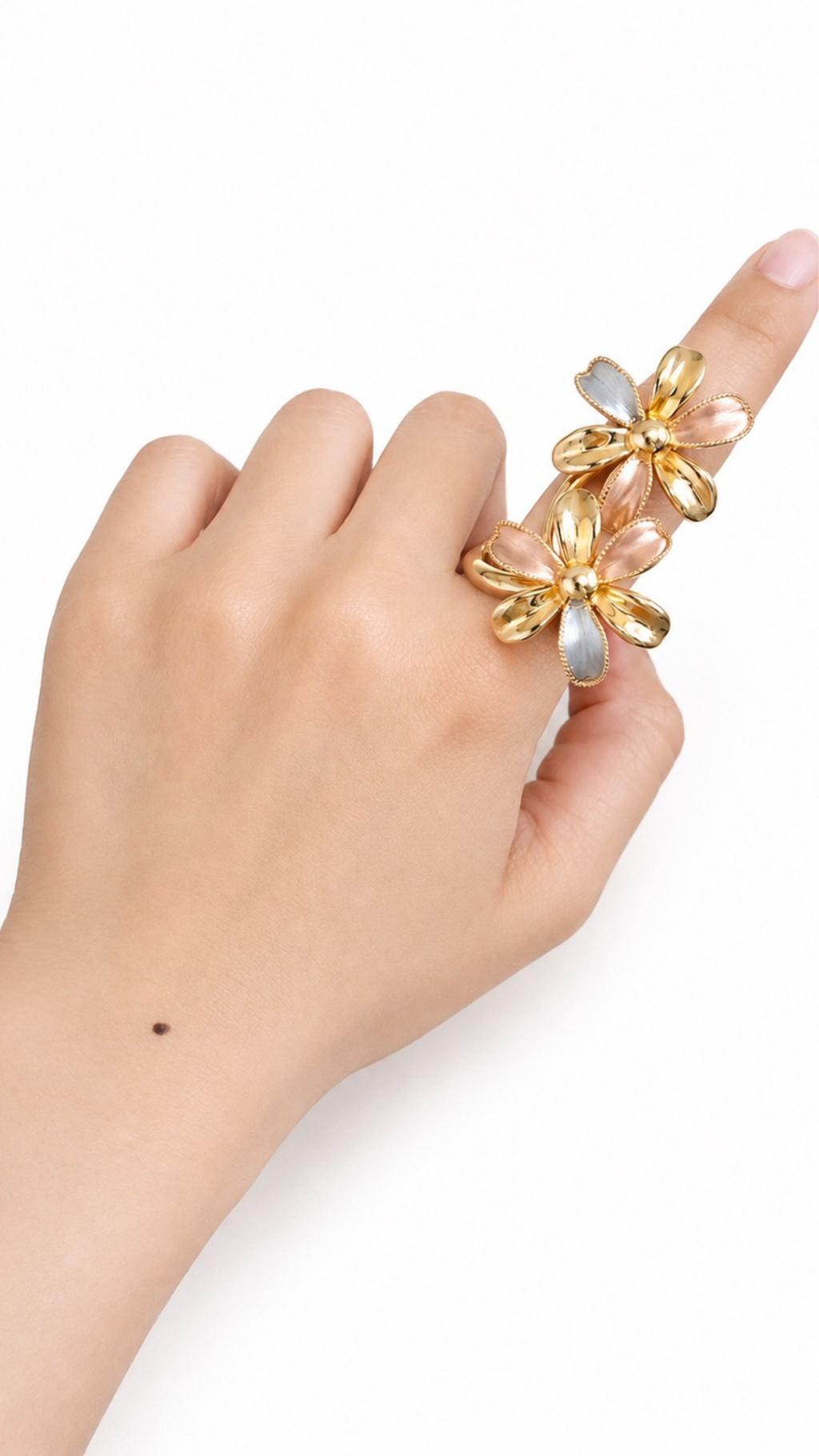 Twin Flowers Ring Tricolor - Size 8