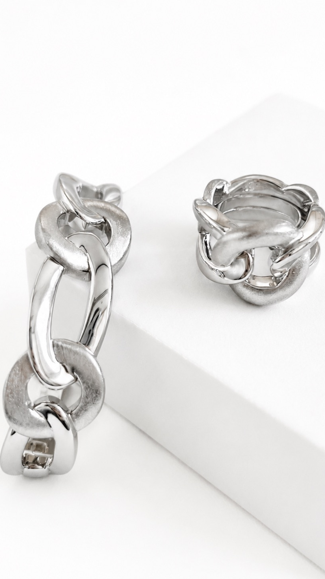 Cuban Style Bangle & Ring Set White Gold Matte and Glossy