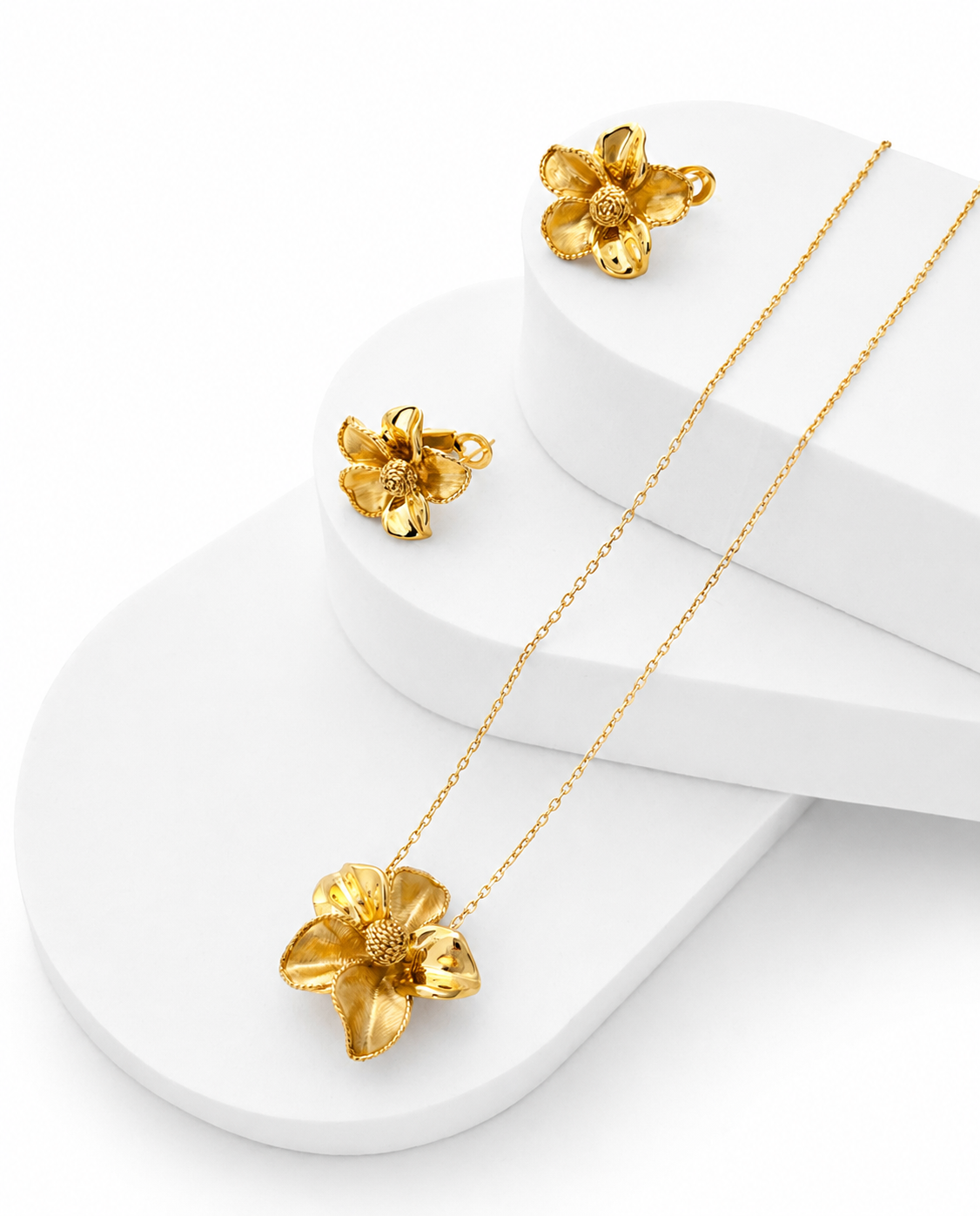 Flower Clip-Type Earrings and Necklace With Pendant Set