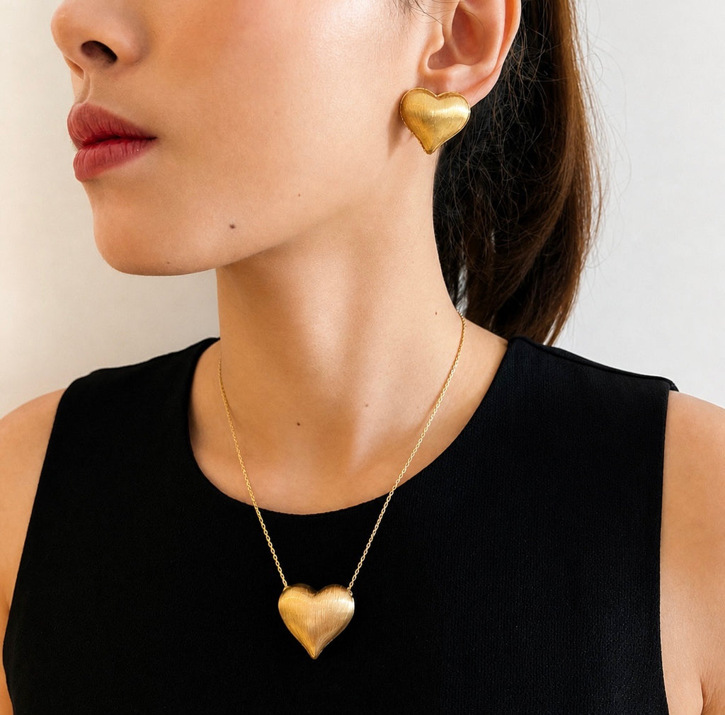 Pop Heart Earrings And Necklace With Pendant Set Gold