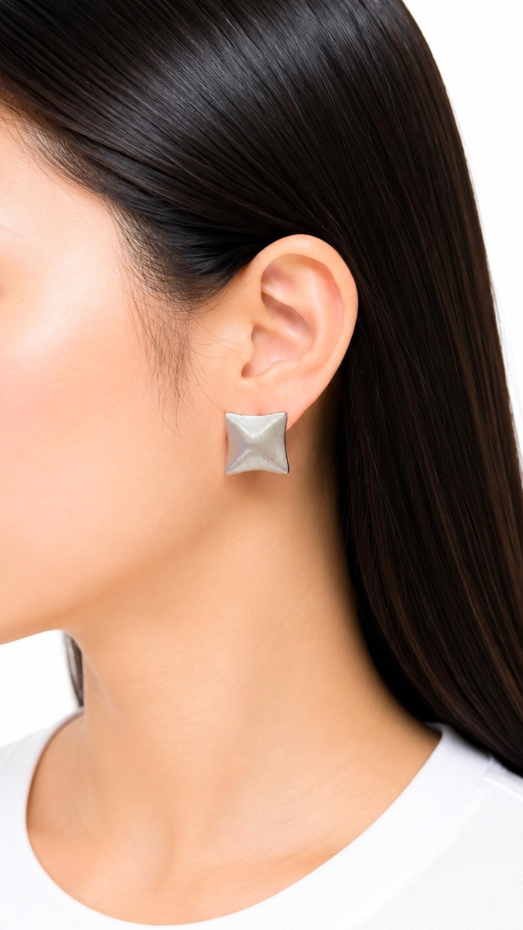 Satin Cushion Square Clip-Type Earrings White Gold Matte