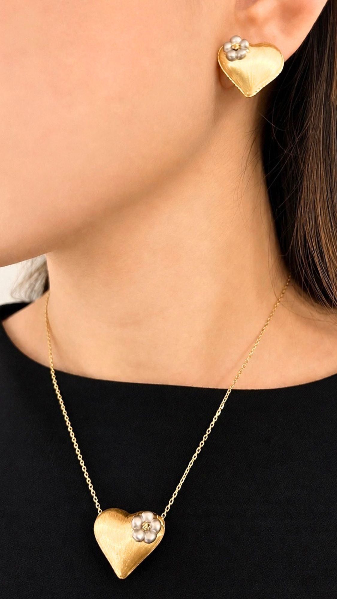 Pop Heart Chic Earrings And Necklace With Pendant Set Gold